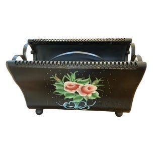 Vintage Hand-Painted Floral Tôleware Magazine Rack With Reticulated Trim For Sale