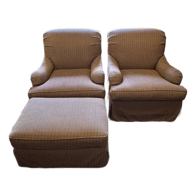 Vintage 1999 Ethan Allen Upholstered Armchair Pair With Matching Ottoman For Sale