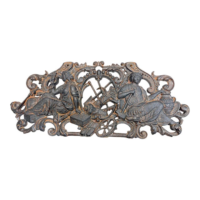 Antique Ornate 19th Century French Cast Iron Vulcan and Felicitas Wall Plaque For Sale
