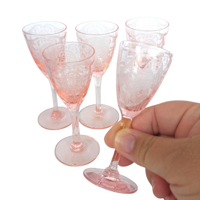 1929 Cambridge Glass Pink Etched Cordial Glasses, Etch 740, Set of 5 For Sale - Image 11 of 13