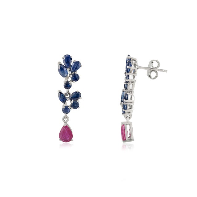 Not Yet Made - Made To Order 925 Sterling Silver Flower Motif Blue Sapphire & Ruby Drop Earrings - 2 Pieces For Sale - Image 5 of 10