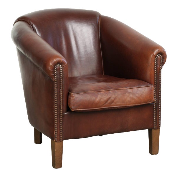 English Sheepskin Club Armchair in Dark Cognac For Sale