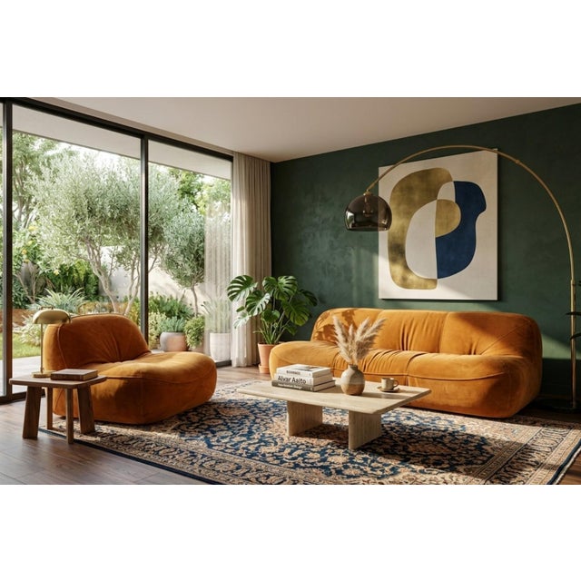 Straight from the 1970s, we offer a set consisting of a large three-seater sofa and a single armchair, characterized by...