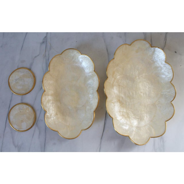 Vintage Capiz Shell Trinket Trays & Coasters W/ Gold Scalloped Edges For Sale - Image 4 of 8