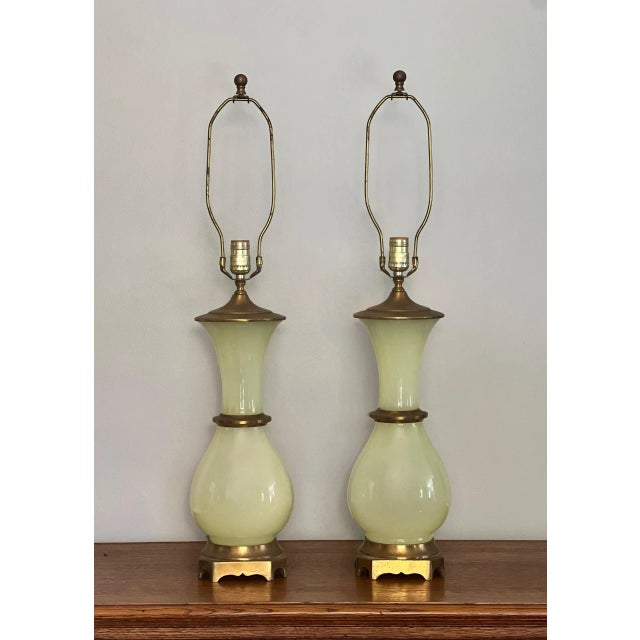 Paul Hanson Mid 20th Century Paul Hansen Hollywood Regency Bronze Mounted Vaseline Glass Lamps, Pair For Sale - Image 4 of 12