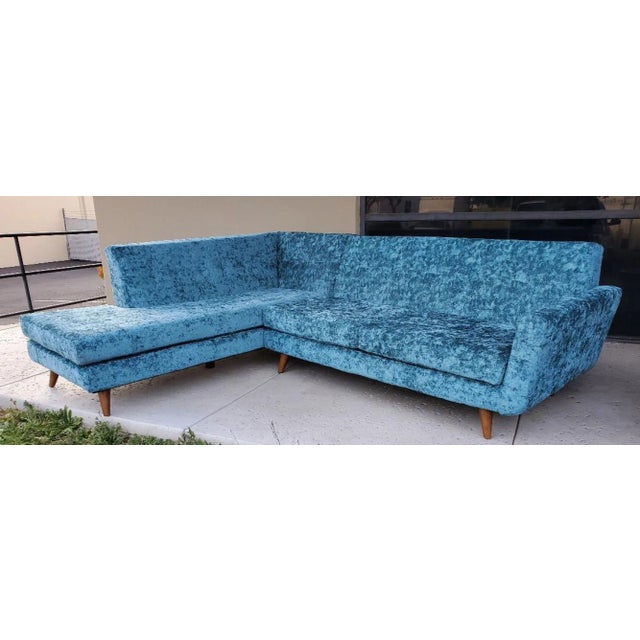 1990s Low Slung Style Sectional Tapered Legs Aqua Green Crushed Velvet Upholstery - Set of 2 For Sale - Image 9 of 12