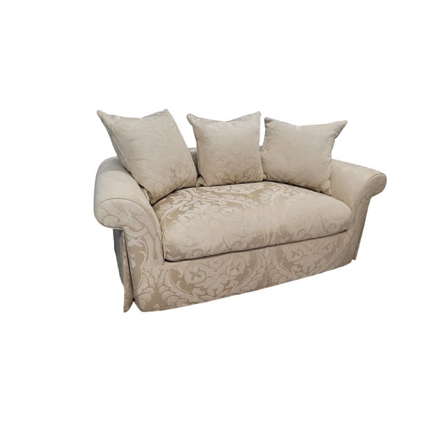 Shabby Chic Custom English Roll Arm Bench Seat Damask Loveseat With Pleated Skirt For Sale - Image 3 of 13