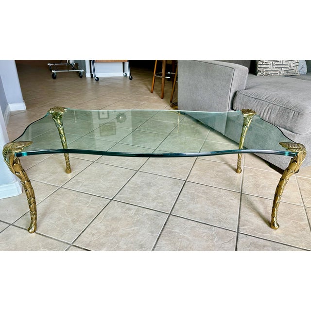 Mid Century p.e. Guerin Style Brass & Glass Coffee Table With Frond Legs For Sale - Image 4 of 16