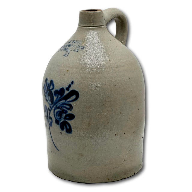 Excellent Antique American Blue Flower Decorated 2 Gallon Jug by New York Stoneware Company Fort Edwards - Circa Mid 1800s For Sale In Boston - Image 6 of 18