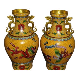 Pair of Monumental Chinese Yellow Cloisonné Dragon & Phoenix Vases - 24.7 LBS Total For Sale