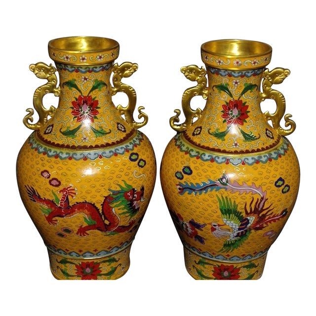 Pair of Monumental Chinese Yellow Cloisonné Dragon & Phoenix Vases - 24.7 LBS Total For Sale