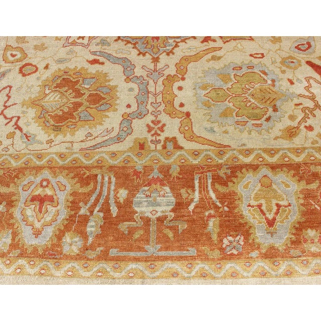 Orange Large Square Shaped Turkish Angora Oushak Rug in Orange Ivory and Multi Colors For Sale - Image 8 of 13