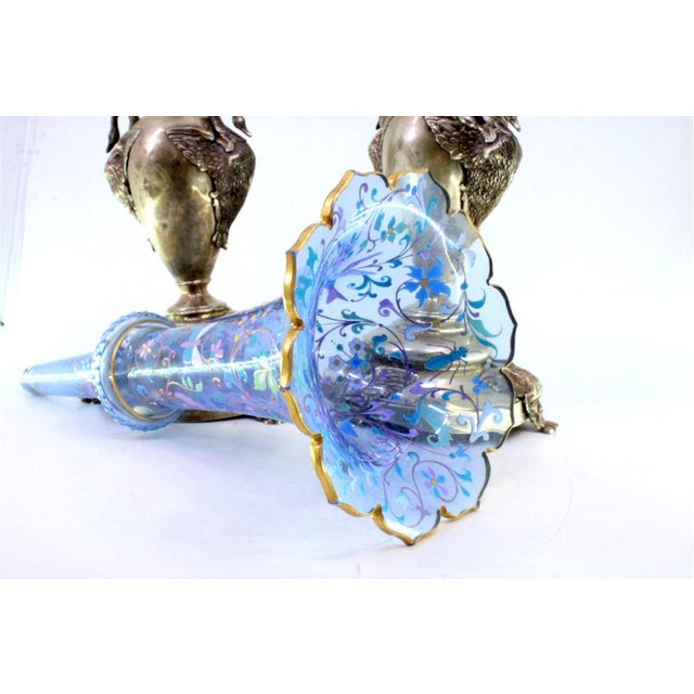 Silver Vases with Appliqués of Geese and Mythical Figures Holding Flower Pots in Relief-Painted Glass, Set of 2, in Good...