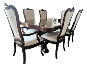 1980s High Gloss Mahogany Extending Dining Table With (8) High-Back Upholstered Chairs - Set of 9