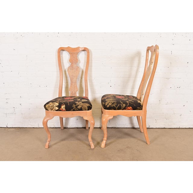 Brown Drexel Heritage Queen Anne Carved Oak and Burl Wood Side Chairs or Dining Chairs, Pair For Sale - Image 8 of 11
