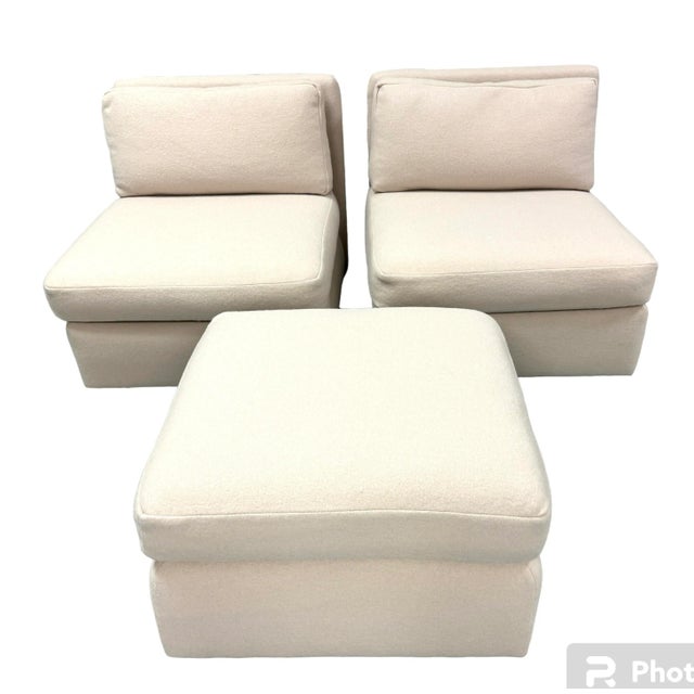 John Mascheroni Loro Piana Boiled Wool Upholstered Slipper Chairs With Ottoman - 3 Pieces For Sale - Image 4 of 10