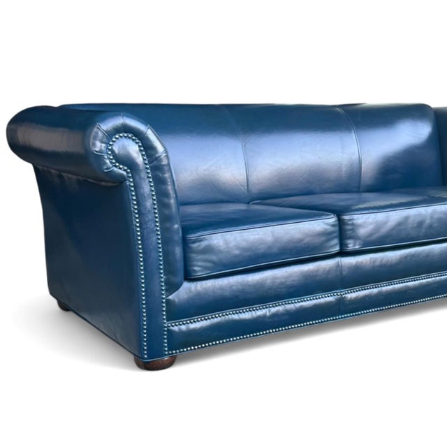 1960s Navy Blue Leather Roll-Arm Sofa With Brass Nailhead Trim and Wooden Bun Feet For Sale - Image 4 of 12
