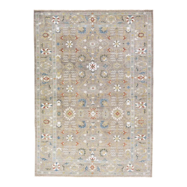 Light Brown Contemporary Sultanabad Handmade Floral Design Wool Rug For Sale