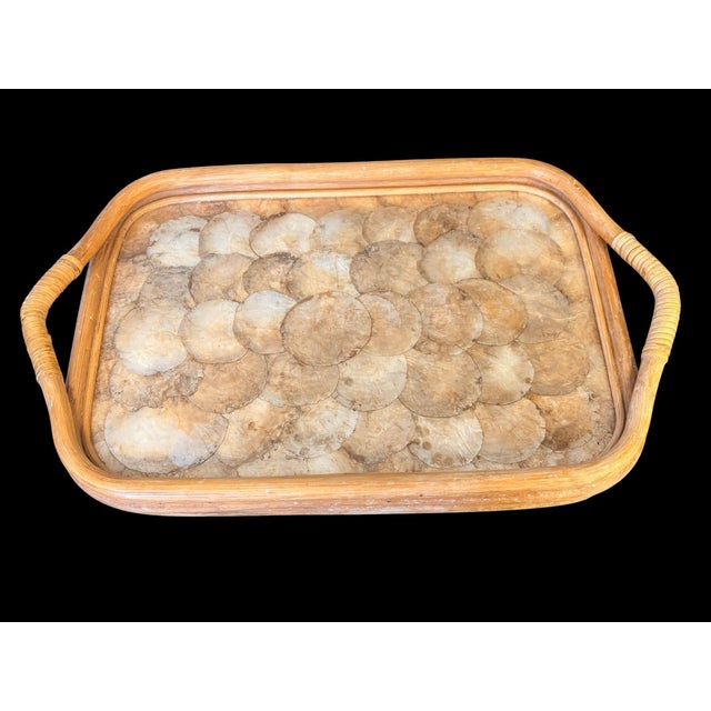 Wood Mid 20th Century Capiz Shell Rattan Serving Tray With Handles, Made in Philippines, 20 Inch Coastal Boho Decorative Tray For Sale - Image 7 of 8