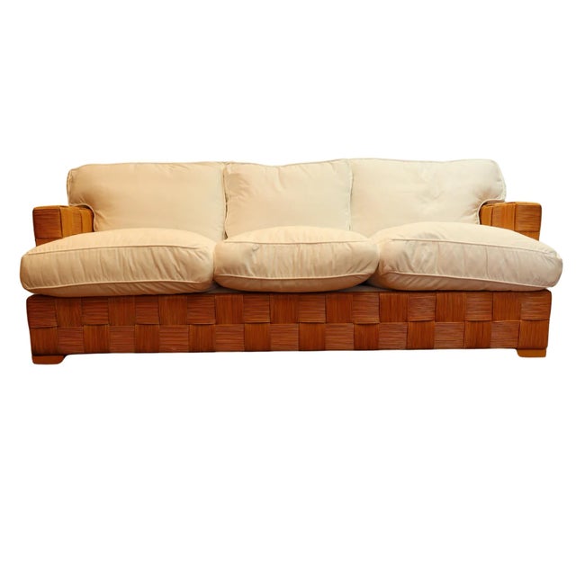 Vintage Circa 1990 John Hutton for Donghia Block Island Rattan Sofa With New White Cotton Upholstery For Sale - Image 9 of 12