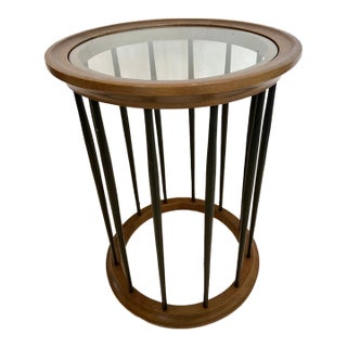 Round Midcentury Modern End Table With Glass Top and Ebonized Wood Spindles For Sale