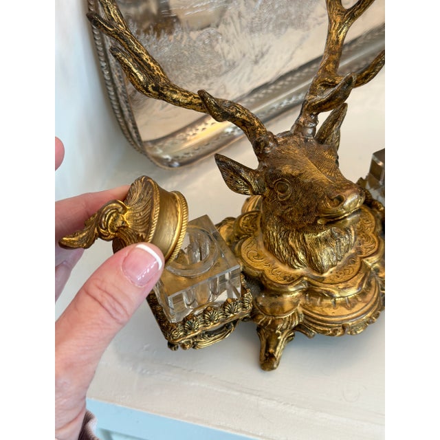 Late 19th Century 19th Century French Dore Gold Gilt Metal Stag Head Double Inkwell For Sale - Image 5 of 11