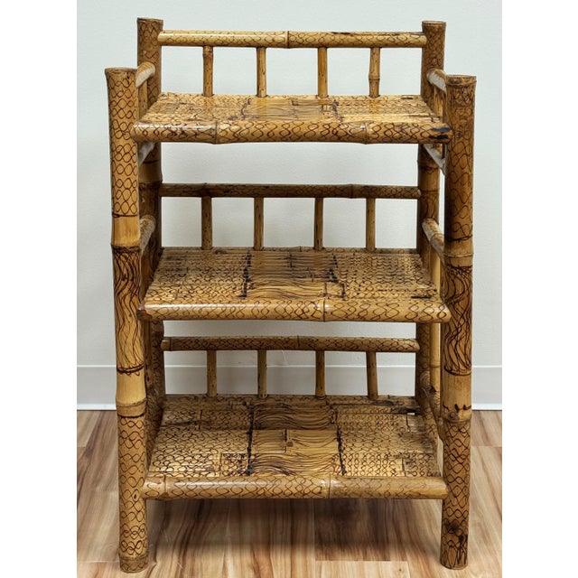 Vintage three tier scorched chunky bamboo bookshelf etagere. Uniquely patterned with burn marks. We've never seen another...