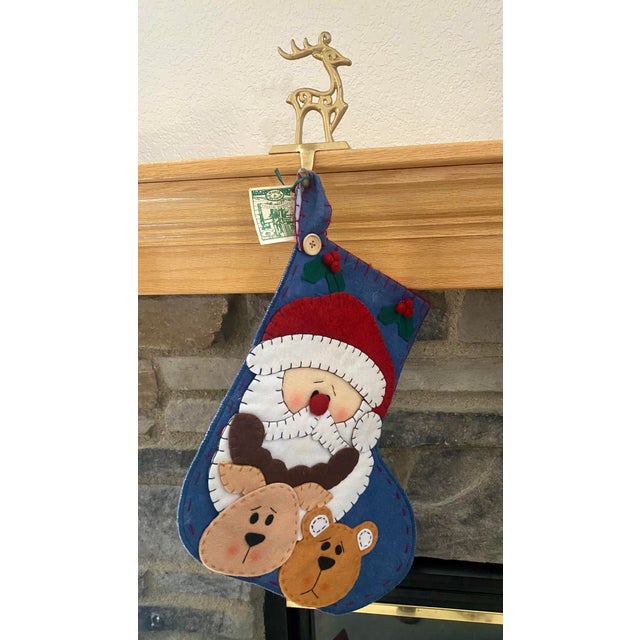 Vintage Crazy Mountain Imports "Porch & Parlour" Felt Christmas Stocking - Primitive Folk Art Santa, Reindeer & Bear Excellent Condition For Sale - Image 4 of 13