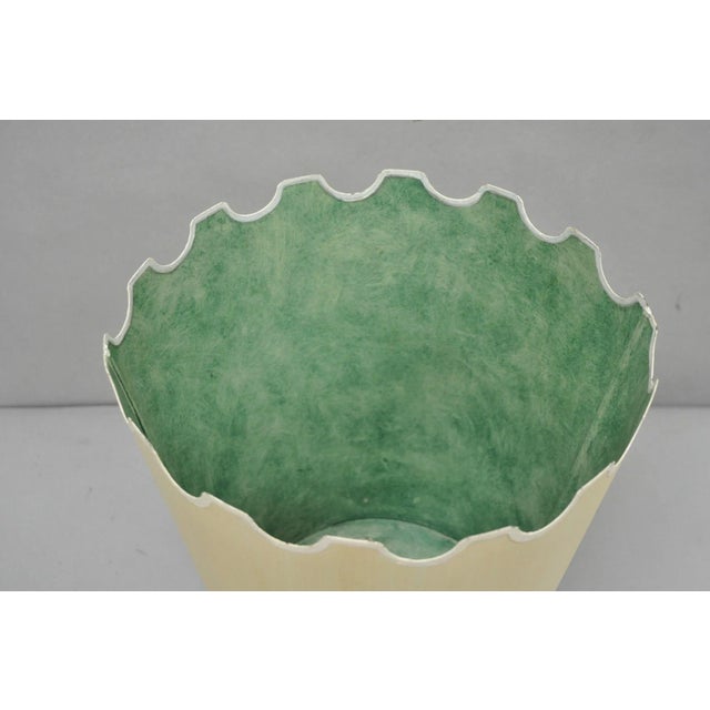 Vintage Italian Hollywood Regency Tole Metal Cream & Green Painted Wastebasket Trashcan Raised on Ball Form Feet. Circa...