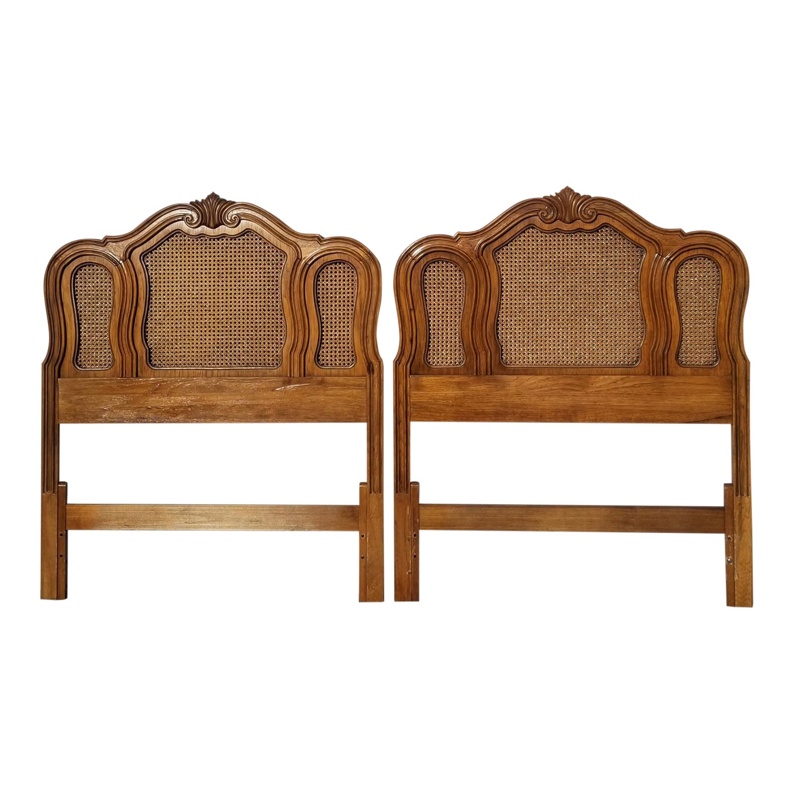 Pair of Vintage French Country Thomasville Brown Cane Twin Headboards