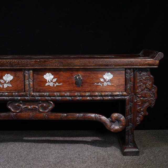 Chinese 1980s Chinese Rosewood Table With Mother-of-Pearl Inlay and Two Drawers For Sale - Image 3 of 10
