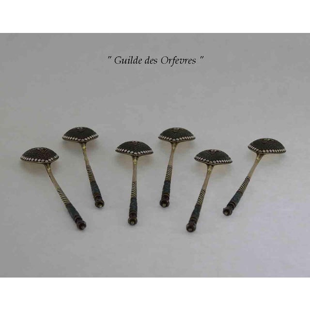 Arts & Crafts 1890 Enamel & Sterling Gilt Cloisonné Set of 6 Spoons For Sale - Image 3 of 10