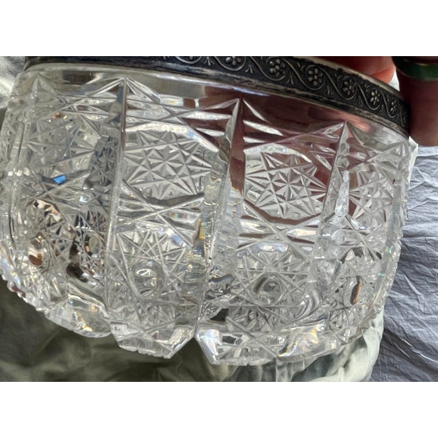 Art Nouveau Silver Rimmed Deeply Brilliant Cut Glass Round 6" Accent Bowl For Sale - Image 6 of 11