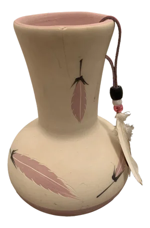 Vintage Navajo Pink Pottery Vase With Feather