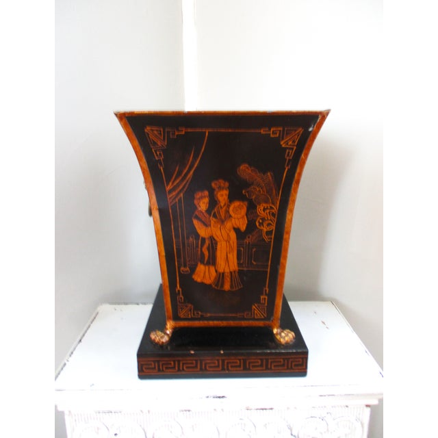 This is a Spectacular! Vintage French Provincial Metal Wastebasket / Trash Can with a Chinese Design on the Front and Back...