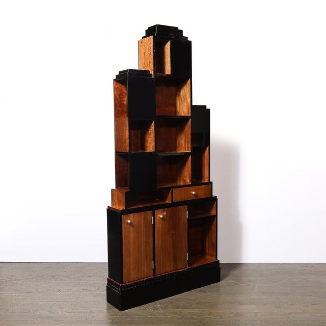 1930s Art Deco Walnut & Black Lacquer Skyscraper Style Bookshelf With Chrome Pulls For Sale - Image 9 of 12