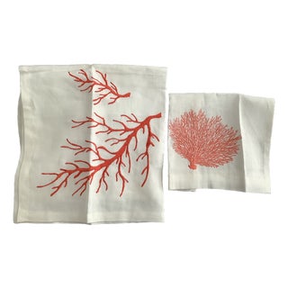 Sea Coral Embroidered 100% Linen Guest Towels For Sale