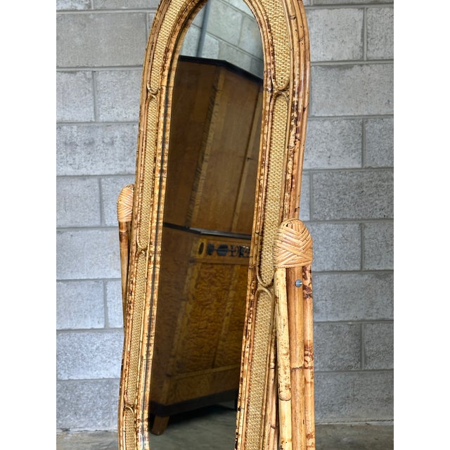 Brown 1980s British Colonial Style Bamboo, Cane, and Rattan Cheval Floor Mirror For Sale - Image 8 of 12