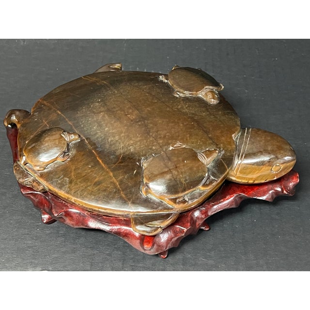 Chinese Chinese Art Carved Tiger Eye Stone Turtle Sculpture on Wooden Display Stand For Sale - Image 3 of 11