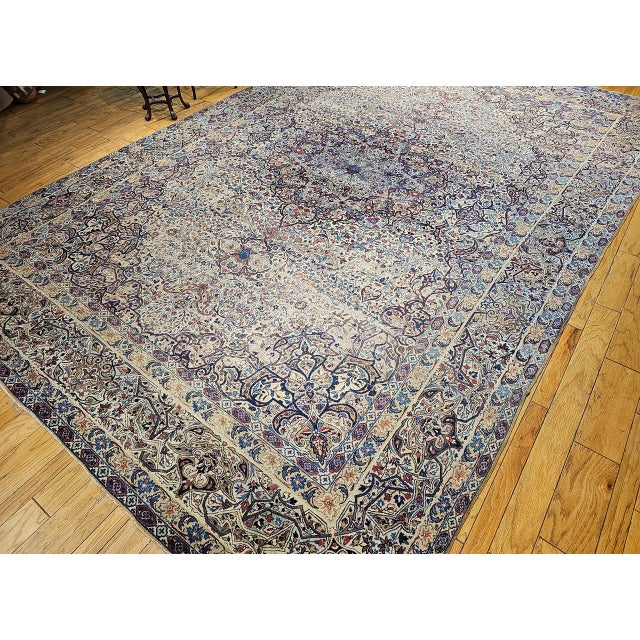 Textile 19th Century Oversized Persian Kerman Lavar Rug, Hand-Knotted Wool, Floral Pattern, Ivory & Blue, 11’ X 17’ For Sale - Image 7 of 18