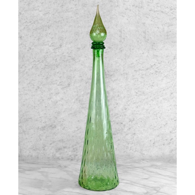 Mid-Century Modern Mid-Century 24″ Italian Empoli Green Optic Art Glass Genie Bottle For Sale - Image 3 of 8