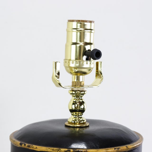 Metal Vintage Chinoiserie Hand Painted Black and Gold Tea Caddy Form Table Lamp For Sale - Image 7 of 14