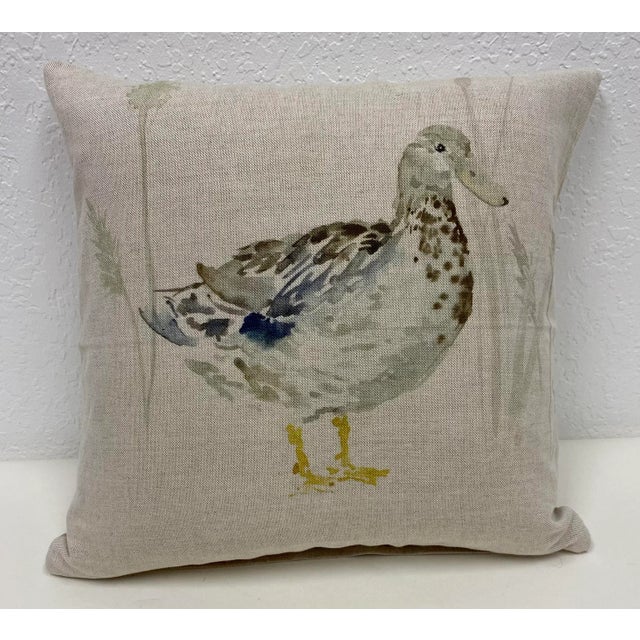 Textile 16" Square Pillow Adorned With a Stately Blue Swedish Mallard Duck - Made in Uk. For Sale - Image 7 of 7