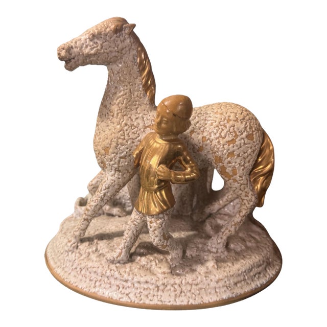Antique Victorian Yellow Ware Sand Majolica Figural Horse & Boy Smoking Stand For Sale