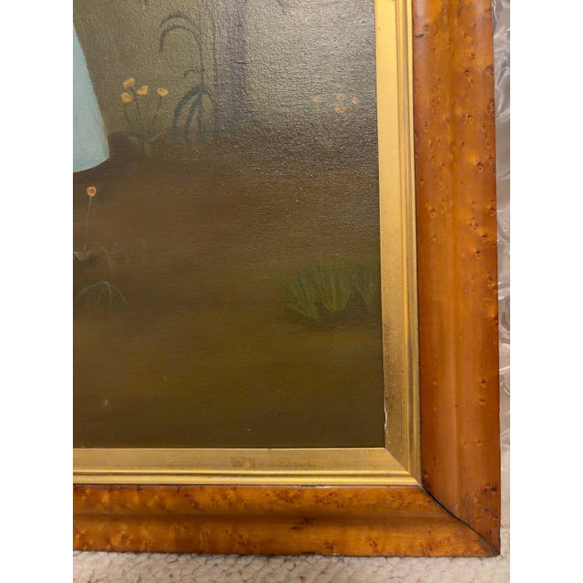 Blue 1960s American Folk Art Primitive Portrait of Young Girl With Cat & Schooner by an Unknown American Folk Artist – Oil on Canvas For Sale - Image 8 of 9