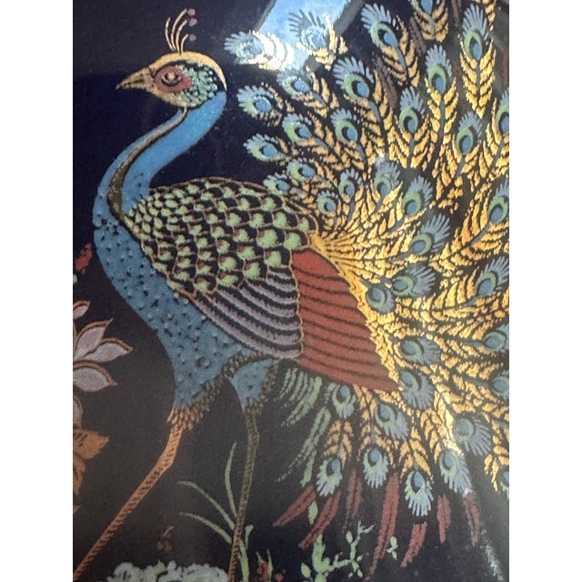 Italian Keramos Capodimonte Cobalt Blue Glaze Ornate Gold Handprinted Peacock and Floral Motif Lidded Round Vase Jar For Sale - Image 15 of 16