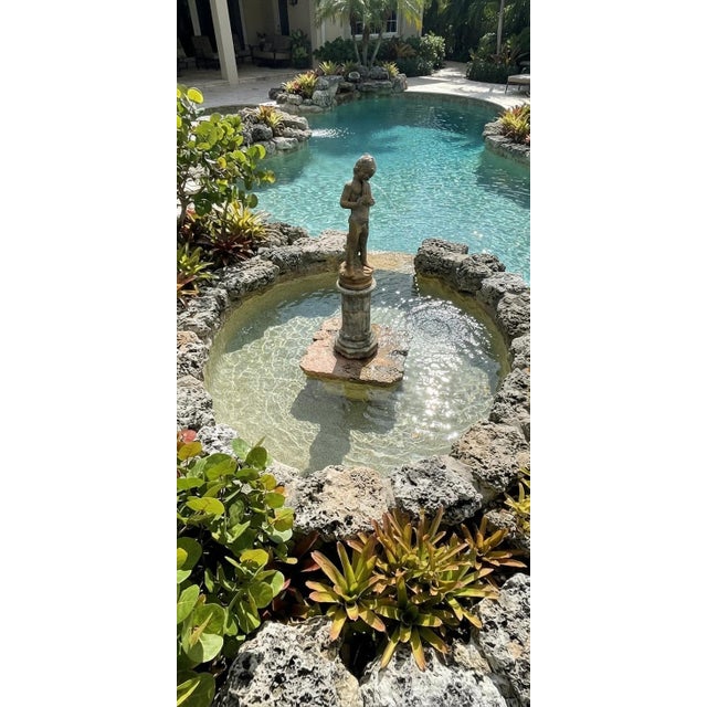 Vintage Cast Stone Centerpiece Fountain Featuring a Pan Flute Playing Putto on a Column For Sale - Image 9 of 12