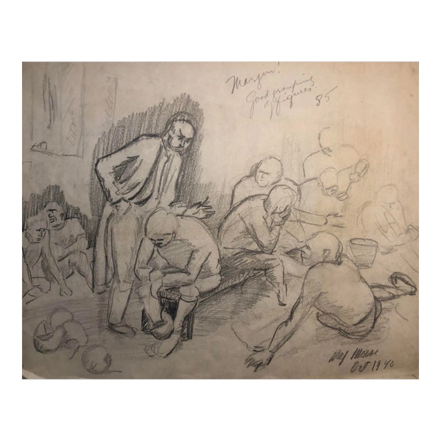 1940s Football Players in the Locker Room Drawing For Sale