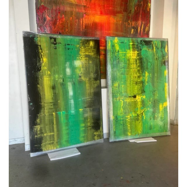 Abstract Large Green Abstract Oil Painting on Board by Artist Paulden 72” X 48” For Sale - Image 3 of 12