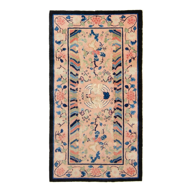1910s Antique Chinese Botanical Figural Design Navy Blush Hand Knotted Pile Rug - 3’2” X 5’9” For Sale